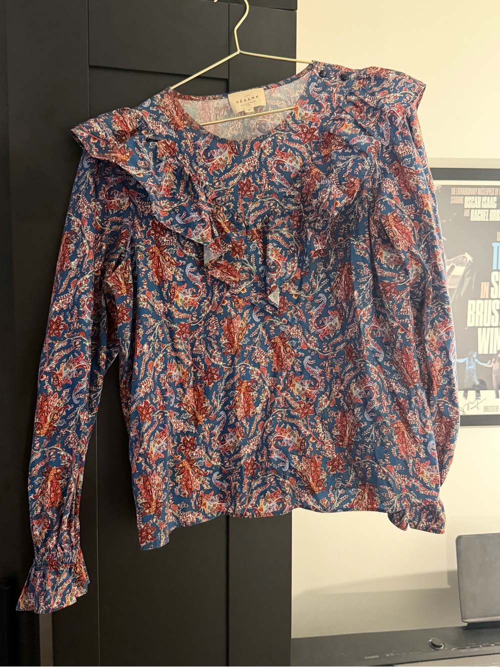 Sezane Blue Paisley Ruffled Long-Sleeve Blouse